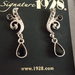 NWT. Lovely Signature 1928 black stones and silver filigree pierced earrings.